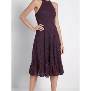 Mod Cloth A Night Like This blue and red lace ruffle hem halter dress Size 8